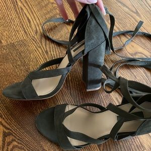 Olive green wrap tie block heel sandal